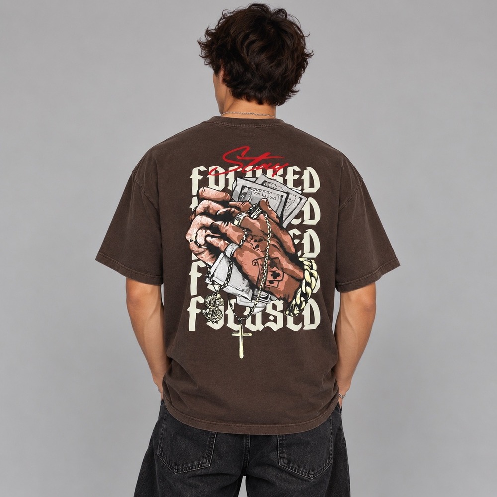 GSTR T-Shirt Mens Large Brown Stay Focused Graphic Boxy Streetwear Cotton Tee